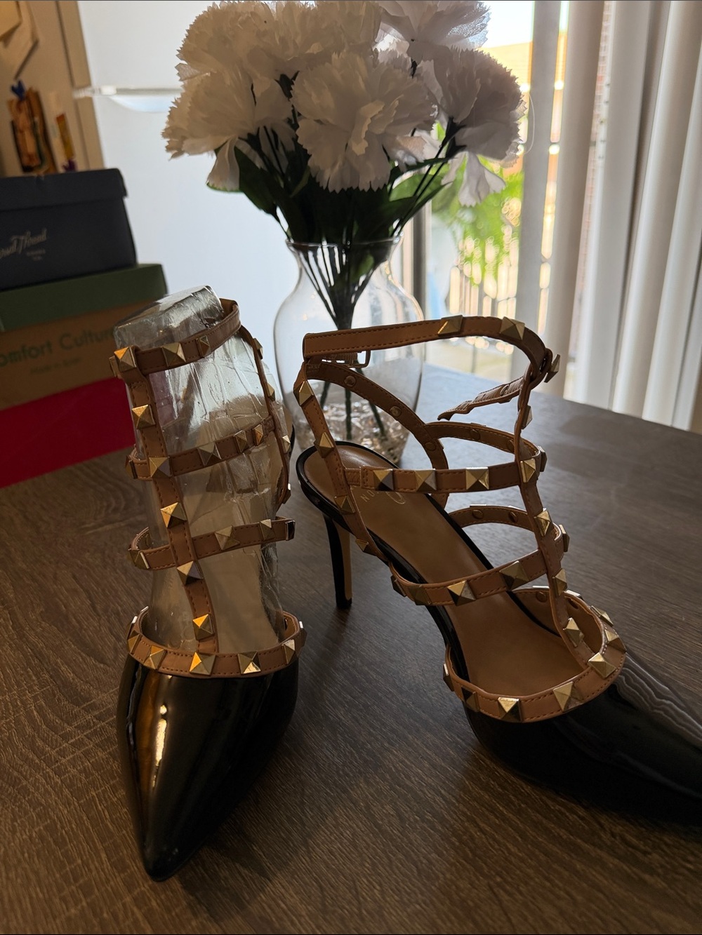 Mix No. 6 Black Patent Pointed-Toe Heels with Tan Studded Straps